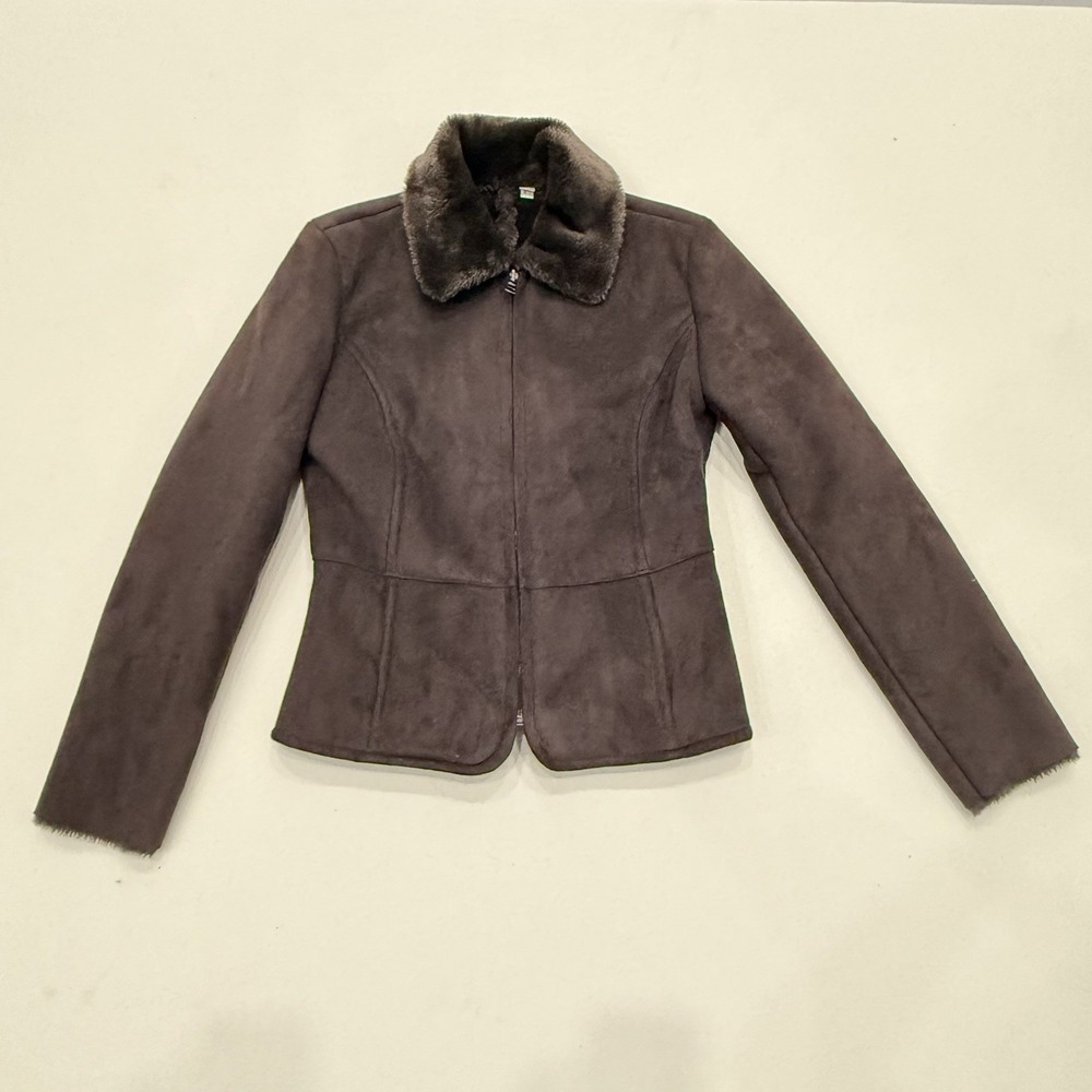 Ann Taylor Brown Faux Suede Jacket Faux Fur Collar XS Cropped 8524-029